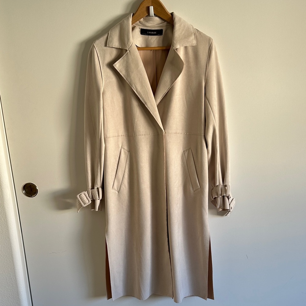 Zara Beige Beige Faux Suede Trench Coat Size Small - Picture 2 of 13